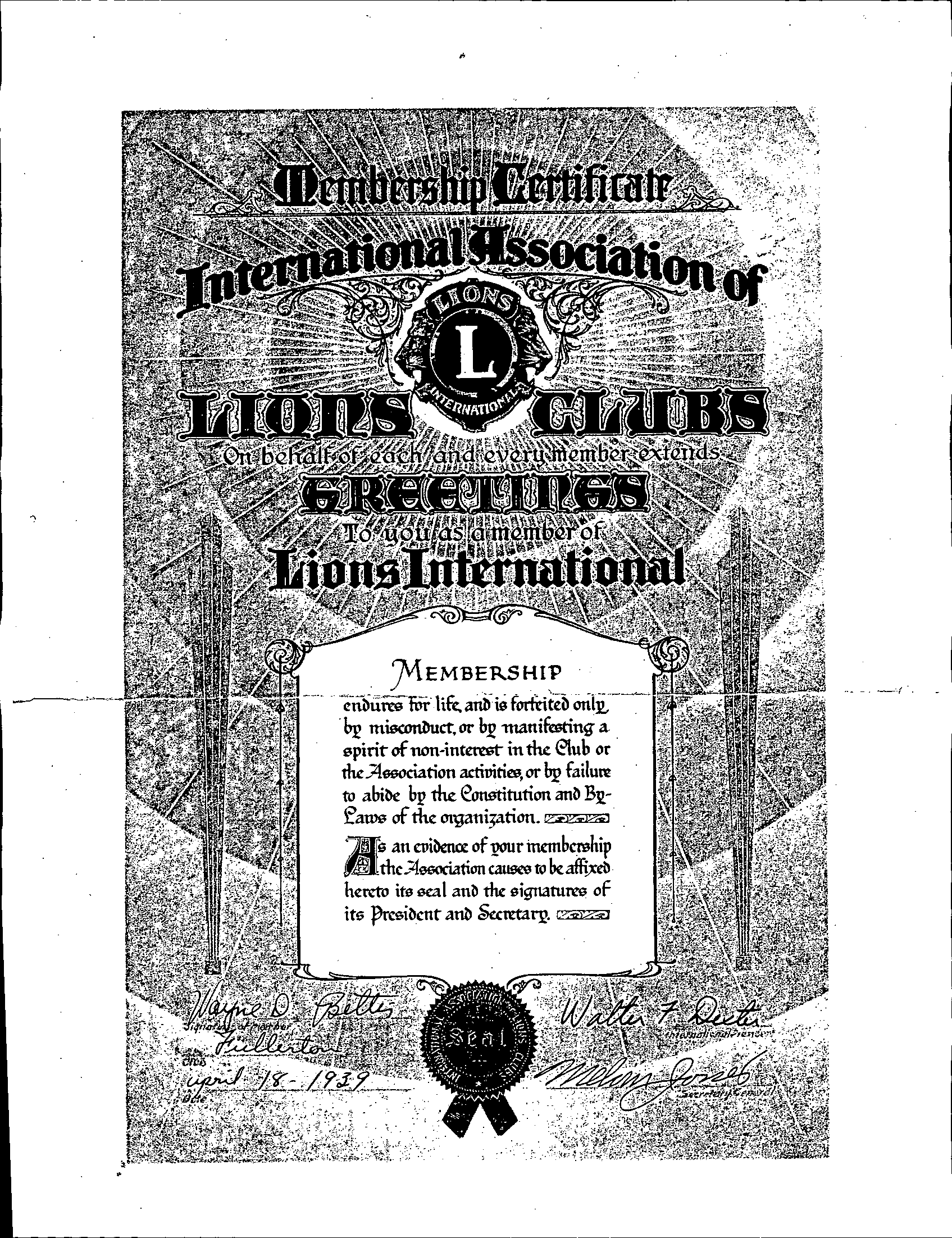 Fullerton Lions Club Charter